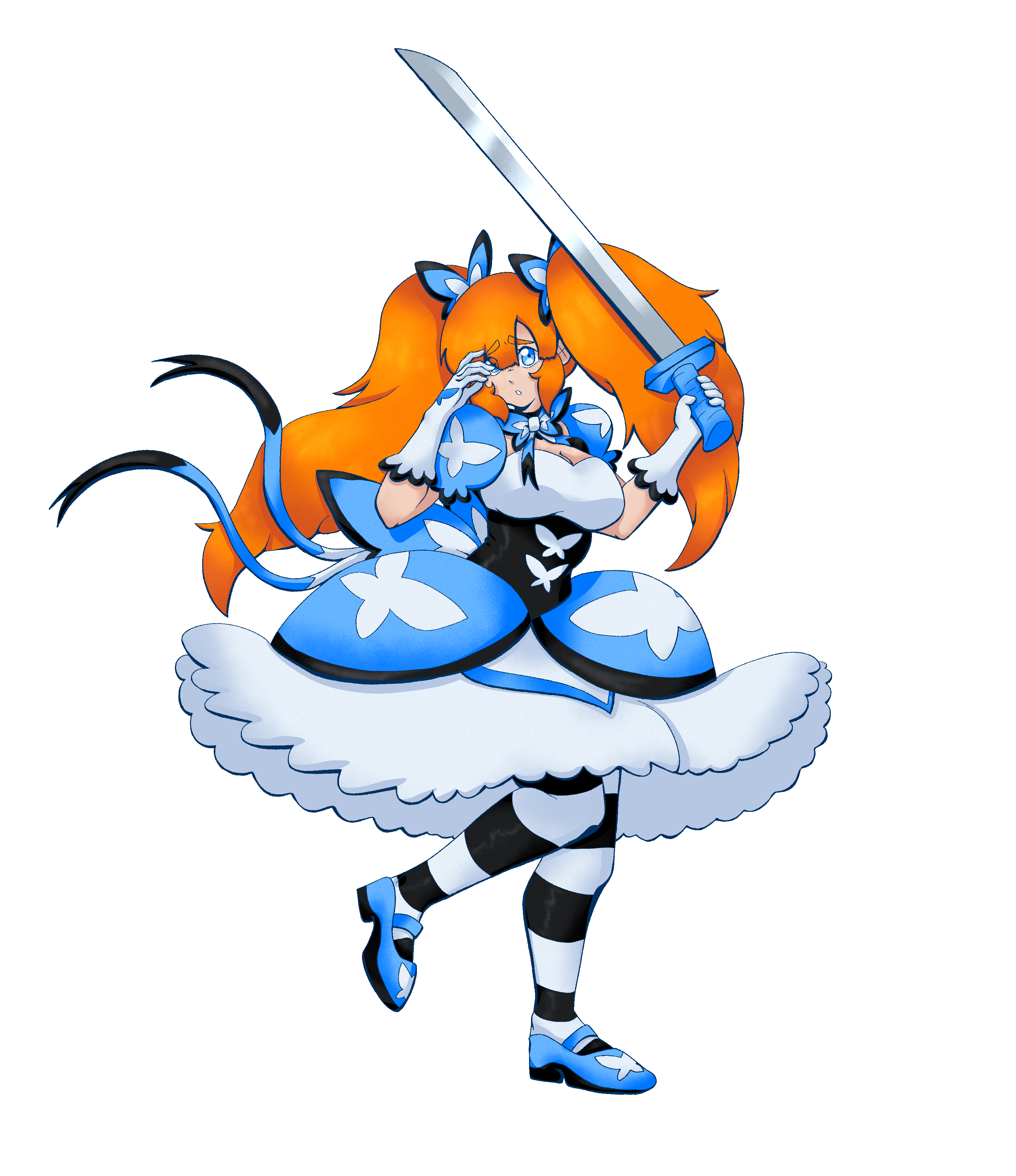 Anna Glass, in her magical uniform. She stands nervously, holding her undecorated cutlass awkwardly. Her cute blue-and-white dress, trimmed with black, is contrasting her worried expression. Her orange hair is tied up in two twin tails, held together by bows in the shape of butterflies. Butterly motifs are all over her dress, and she wears striped stockings.